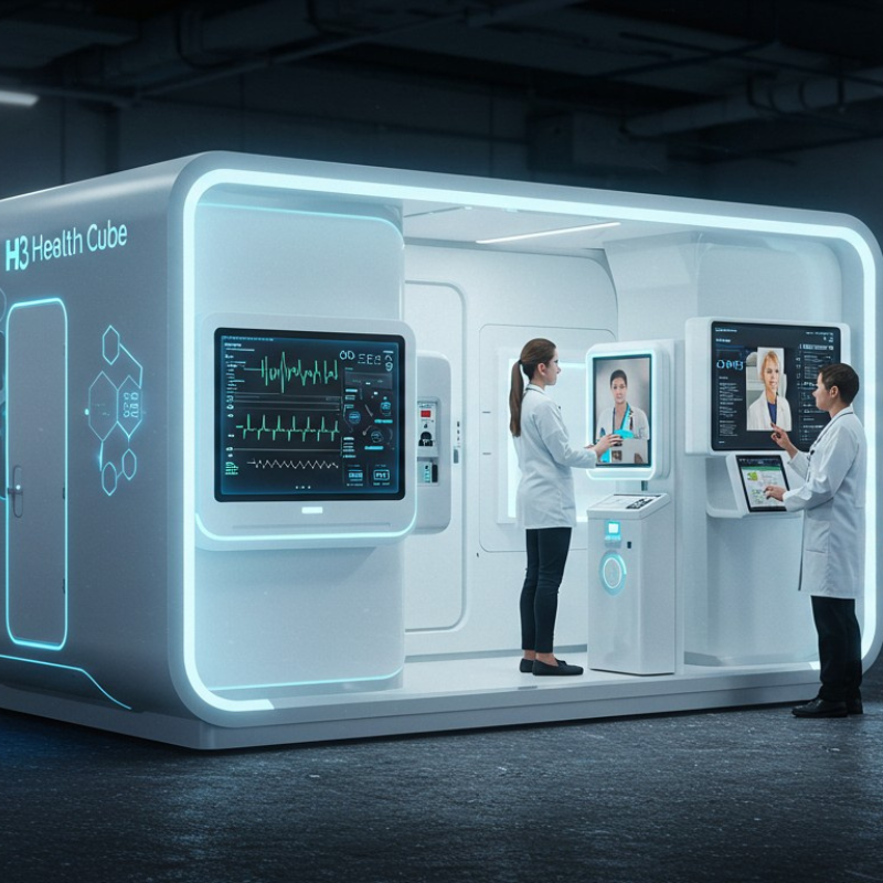 Centre médical futuriste avec deux médecins