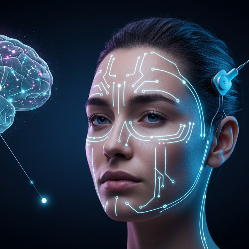 Femme avec interface numérique sur visage et cerveau.