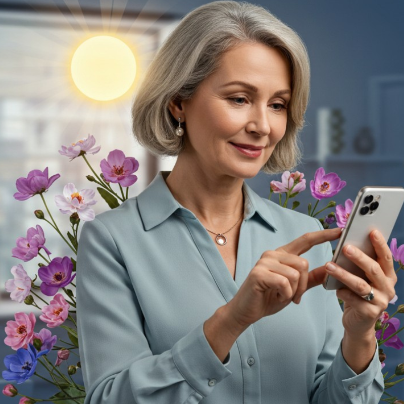 Femme utilisant un smartphone, fleurs alentours.
