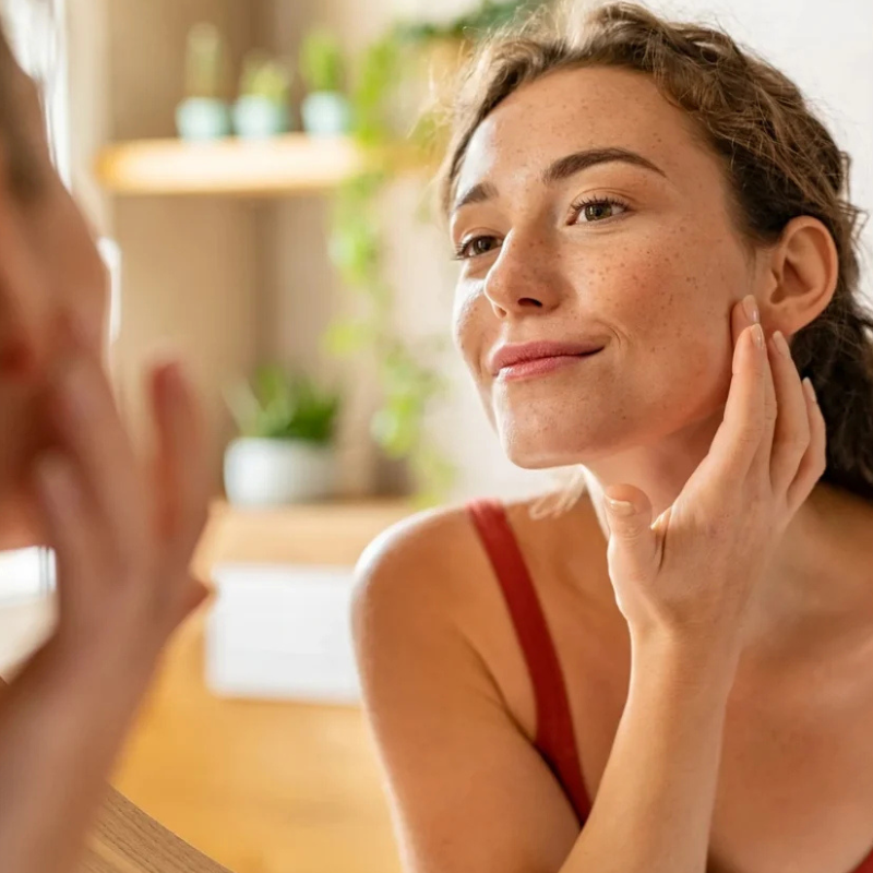 Femme souriante observant sa peau devant un miroir.