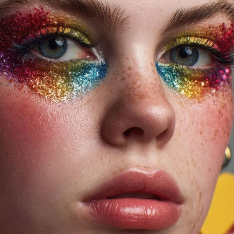 Maquillage yeux arc-en-ciel scintillant tendance