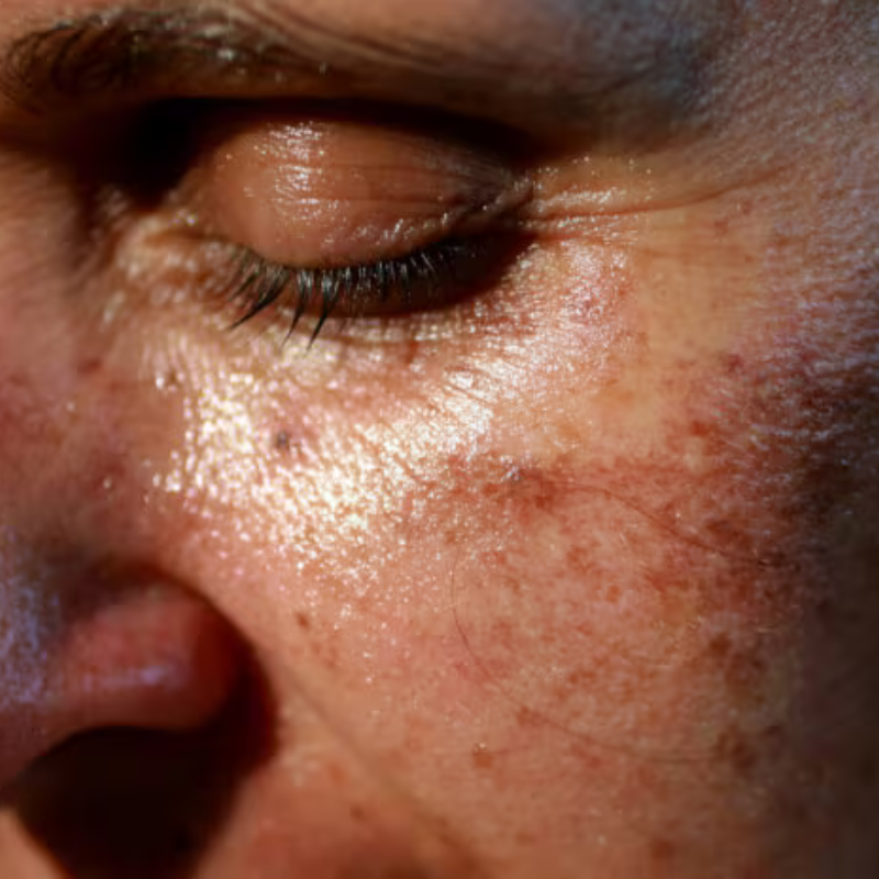 Peau du visage avec taches brunes au soleil.