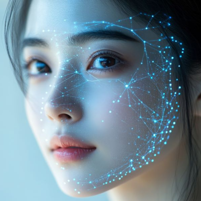 Visage féminin avec réseau lumineux digital.