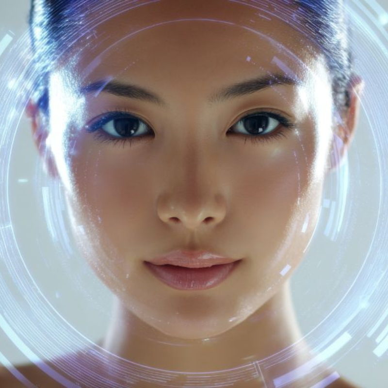 Visage féminin futuriste avec éléments numériques lumineux.