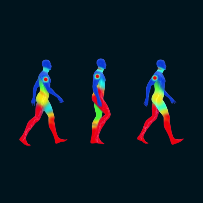 Thermographie de trois silhouettes marchant.