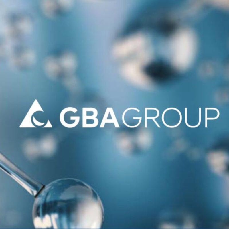 Logo GBA Group avec bulles en arrière-plan.