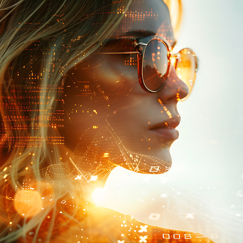 Femme futuriste avec lunettes et effets lumineux numériques.