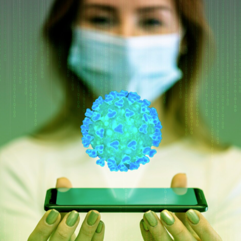 Femme masque, téléphone, virus numérique