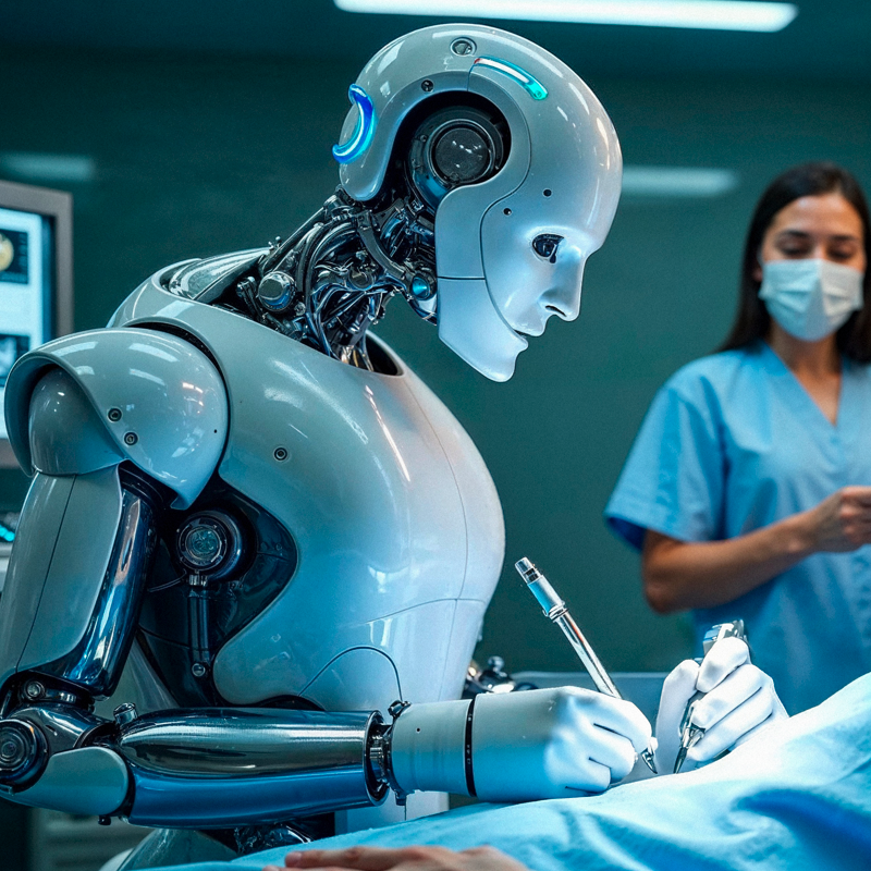 Robot effectuant une opération chirurgicale avec médecin.