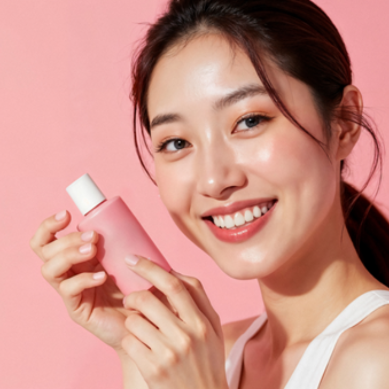 Femme souriante tenant un flacon rose de cosmétique