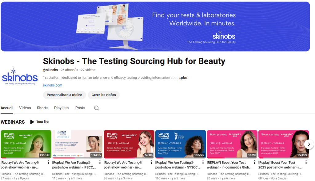 Chaîne YouTube de Skinobs sur les tests de beauté.